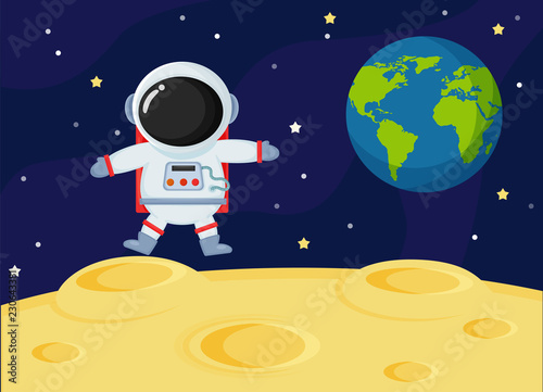 Cute cartoon space astronauts explore the earth's moon surface.