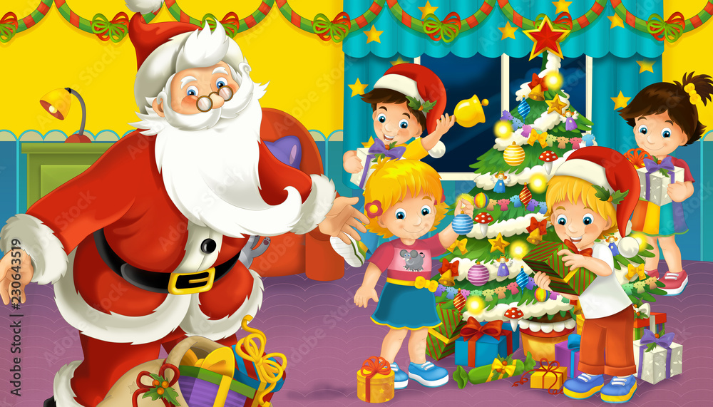 cartoon scene with boys and girls in a room with santa claus full of presents and christmas tree - illustration for children