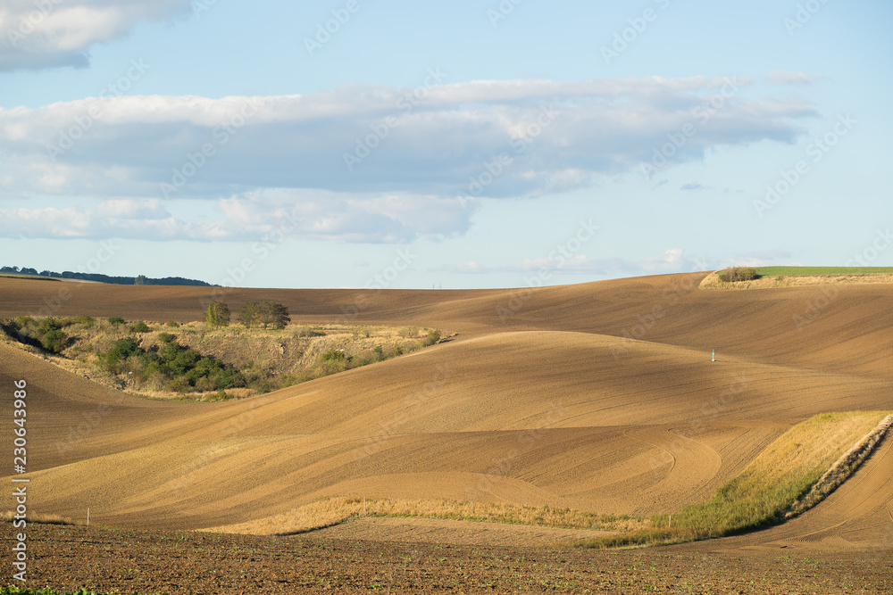 Field in the wine region of Moravian Tuscany. Fields in the vicinity of Svatoborice and Mistrin during autumn days. A gorgeous sky full of clouds, the paths that go between the field. Field in the wine region of Moravian Tuscany. Fields in the vicinity of Svatoborice and Mistrin during autumn days. A gorgeous sky full of clouds, the paths that go between the field.