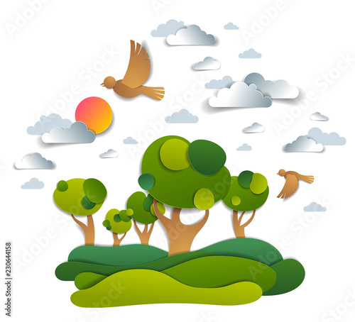 Scenic landscape of meadows and trees  cloudy sky with birds and sun  summer fields and grasslands vector illustration in paper cut kids style. Summer holidays in countryside  travel and tourism.