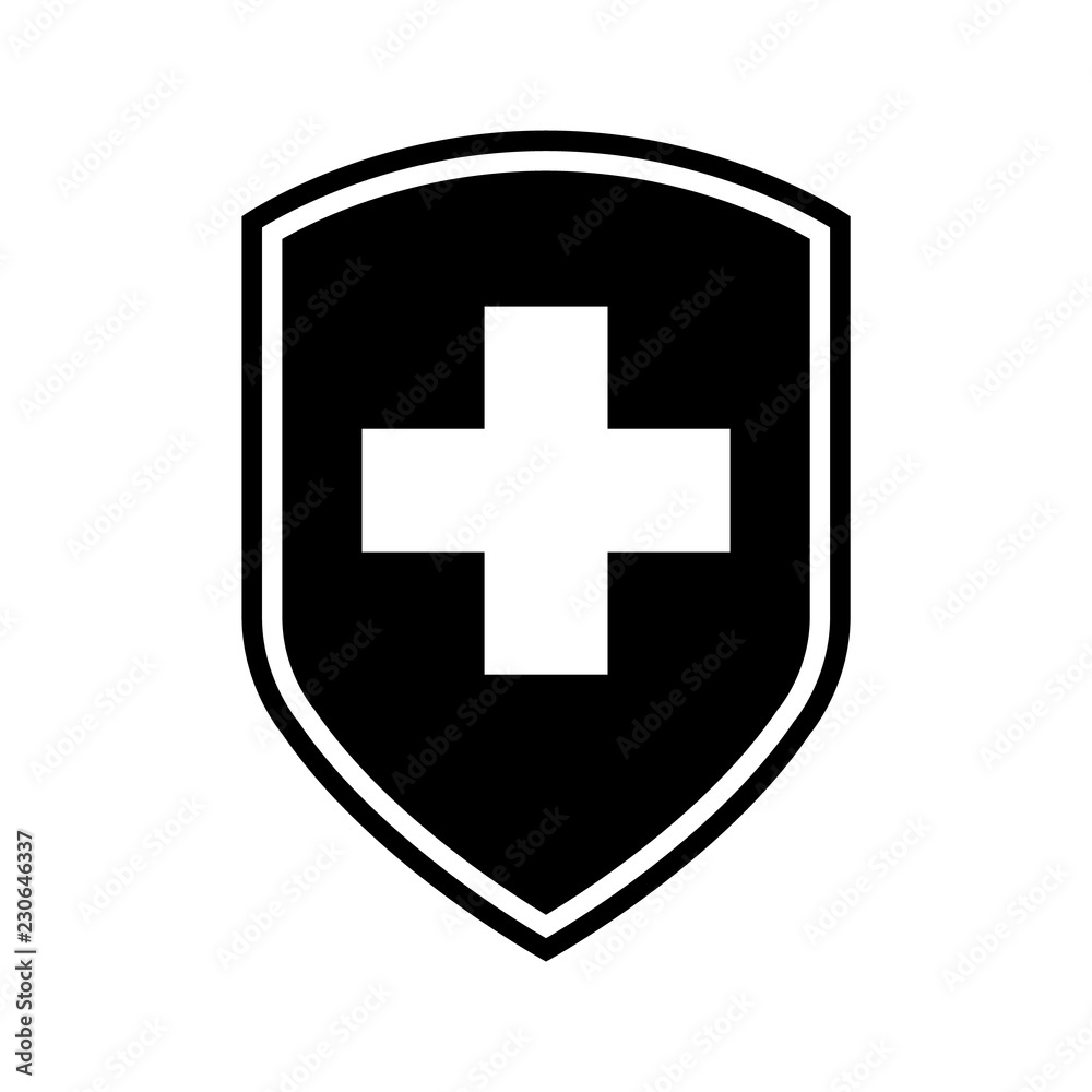 Immunity protection, shield with cross icon, logo on white background Immunity protection, shield with cross icon, logo on white background