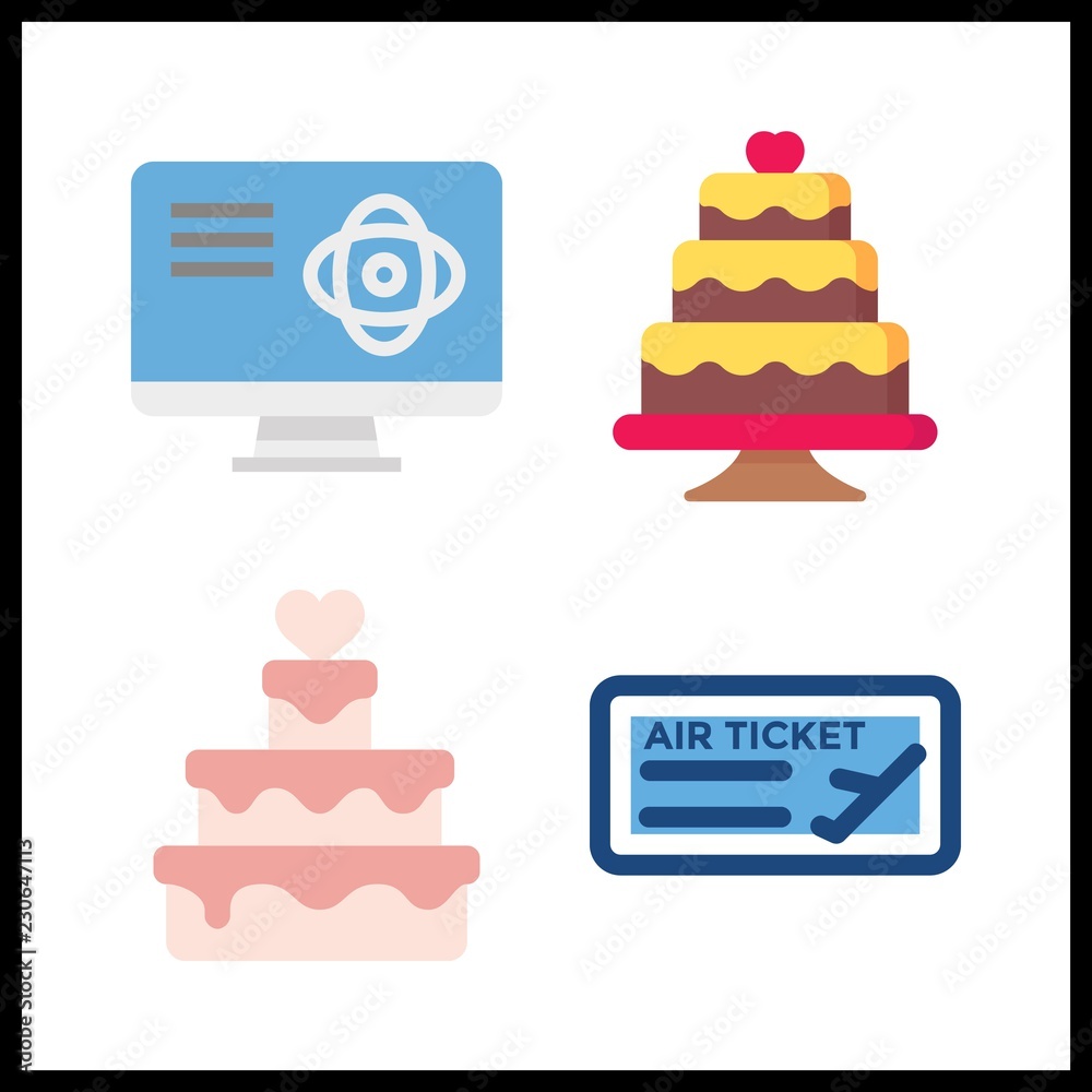 4 table icon. Vector illustration table set. plane ticket and wedding cake icons for table works 4 table icon. Vector illustration table set. plane ticket and wedding cake icons for table works