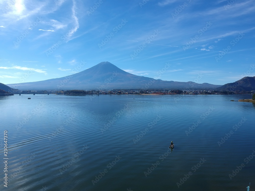 Mt Fuji and lake Kawagujiko in sunny day in Autumn season, Japan photo from high view by drone