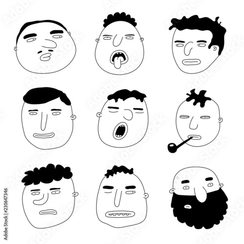 Collection of hand-drawn men heads with different emotions. Vector illustration with doodle style.