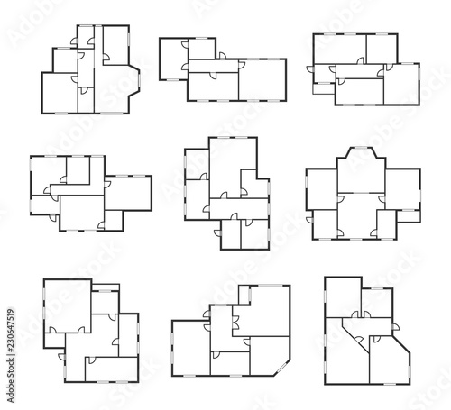 Apartment Plans Signs Black Thin Line Icon Set. Vector