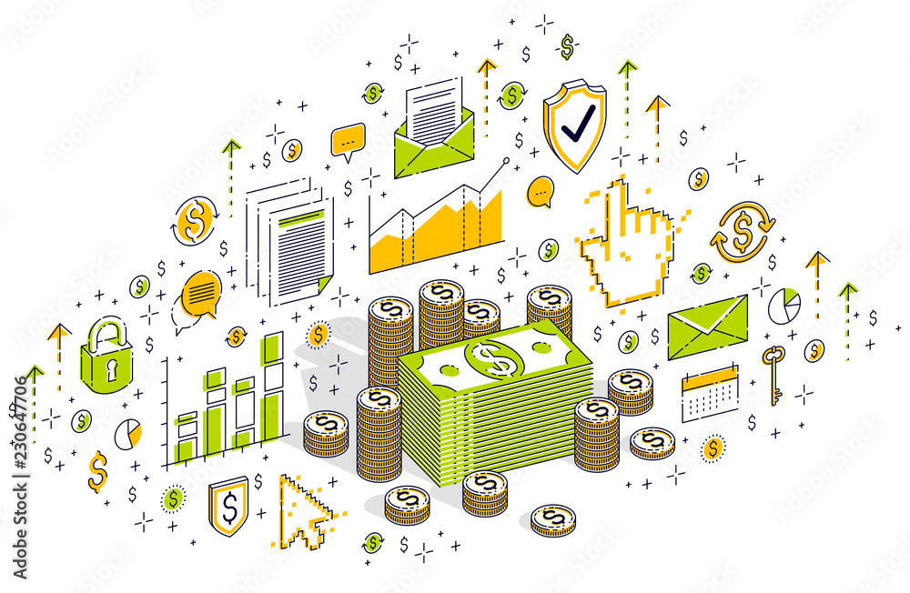 Cash money dollar stacks and coins cents piles isolated on white background. Isometric 3d vector finance and business illustration with icons, stats charts and design elements.