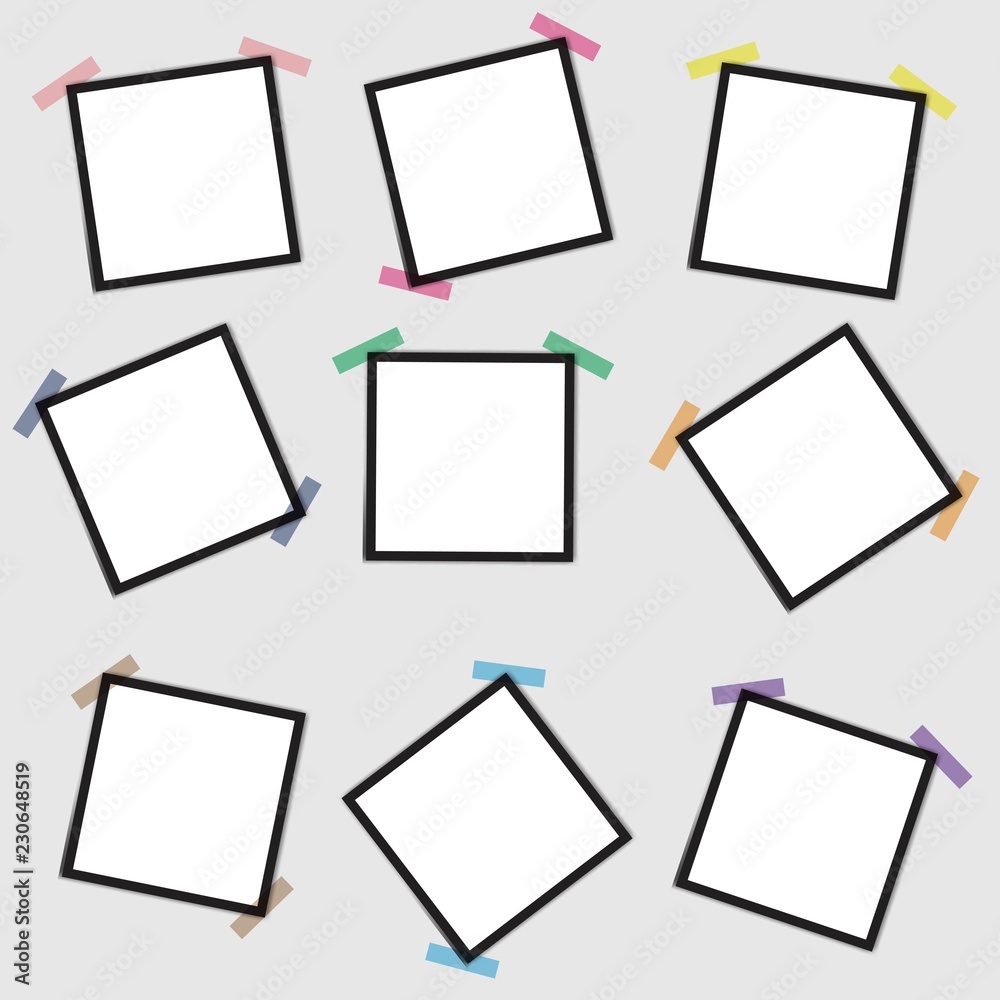 Vector mockup of a blank photo frame on a gray background with a sticky ribbon.