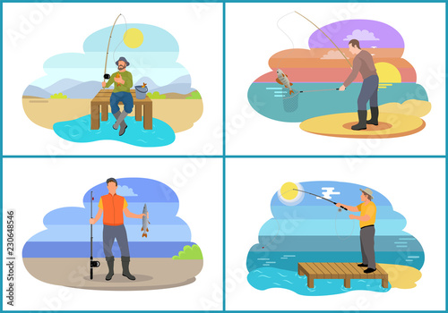 Fisherman Fishing from Platform and from Bank