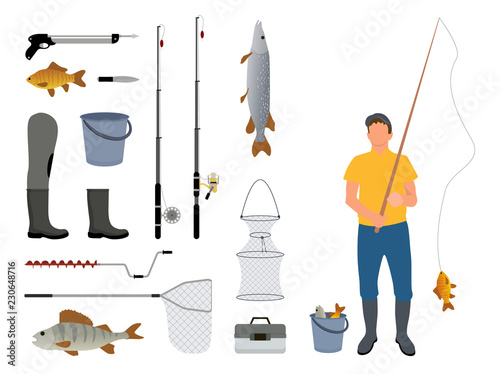 Fisherman with Rod and Catch Vector Illustration