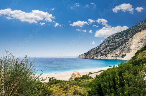 Myrtos beach, Kefalonia island, Greece. Beautiful view of Myrtos bay and beach on Kefalonia island