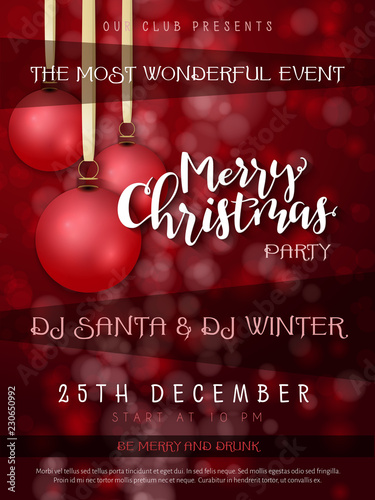 Vector illustration of christmas party poster template with hand lettering label - merry Christmas - with realistic baubles, snowflakes, and flares