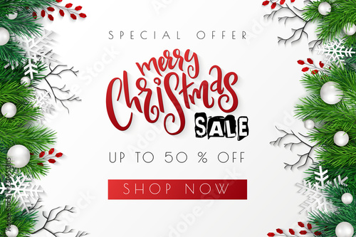 Vector illustration of sale promotion banner template with hand lettering label - merry Christmas - with realistic fir-tree branches, bauble, snowflakes, and decorative bead branches