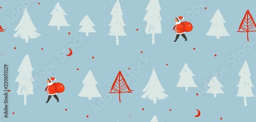Hand drawn vector abstract fun Merry Christmas time cartoon illustration with Santa Claus child with surprise gift bag walking in Christmas trees frozen forest isolated on blue background © anastasy_helter