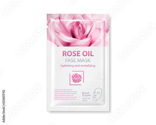 Vector realistic package, disposable sachet for facial mask, isolated on white background. Cosmetic product for face care, skin treatment.