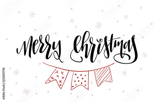 vector hand lettering greeting Merry Christmas text with doodle small flag garland and snowflakes