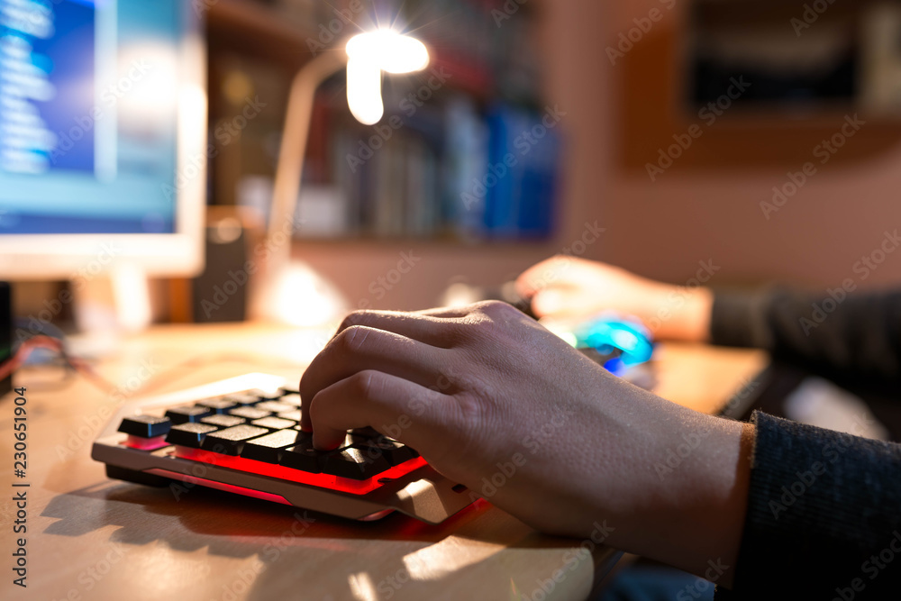 Fototapeta premium Young teenage boy playing video games on personal computer, focus on the boys hand.