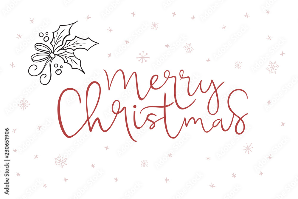 vector hand lettering greeting Merry Christmas text with doodle mistletoe and snowflakes