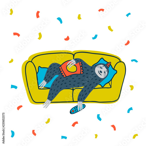 Animal party. Lazy sloth party. Cute sloth lying on the couch with TV remote....