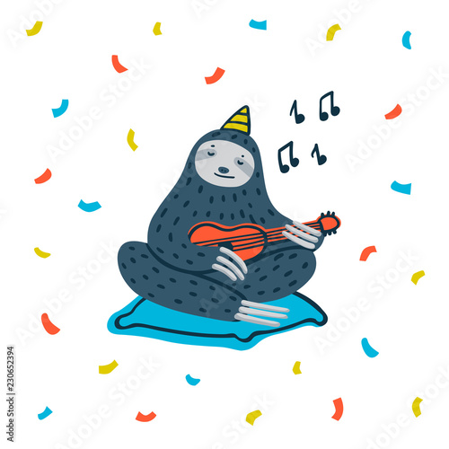 Animal party. Lazy sloth party. Cute sloth playing ukulele. Vector illustration.
