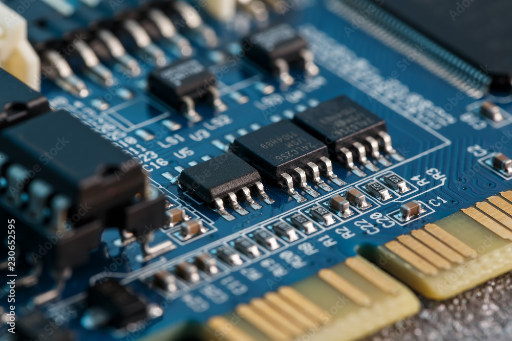 Electronic circuit board close up. Processor, chips and capacitors. Electronic circuit board close up. Processor, chips and capacitors.