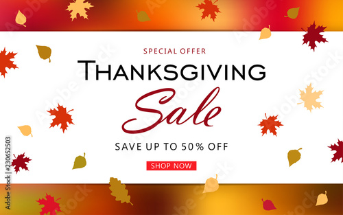 Thanksgiving day sale banner background with fall leaves. Seasonal vector illustration