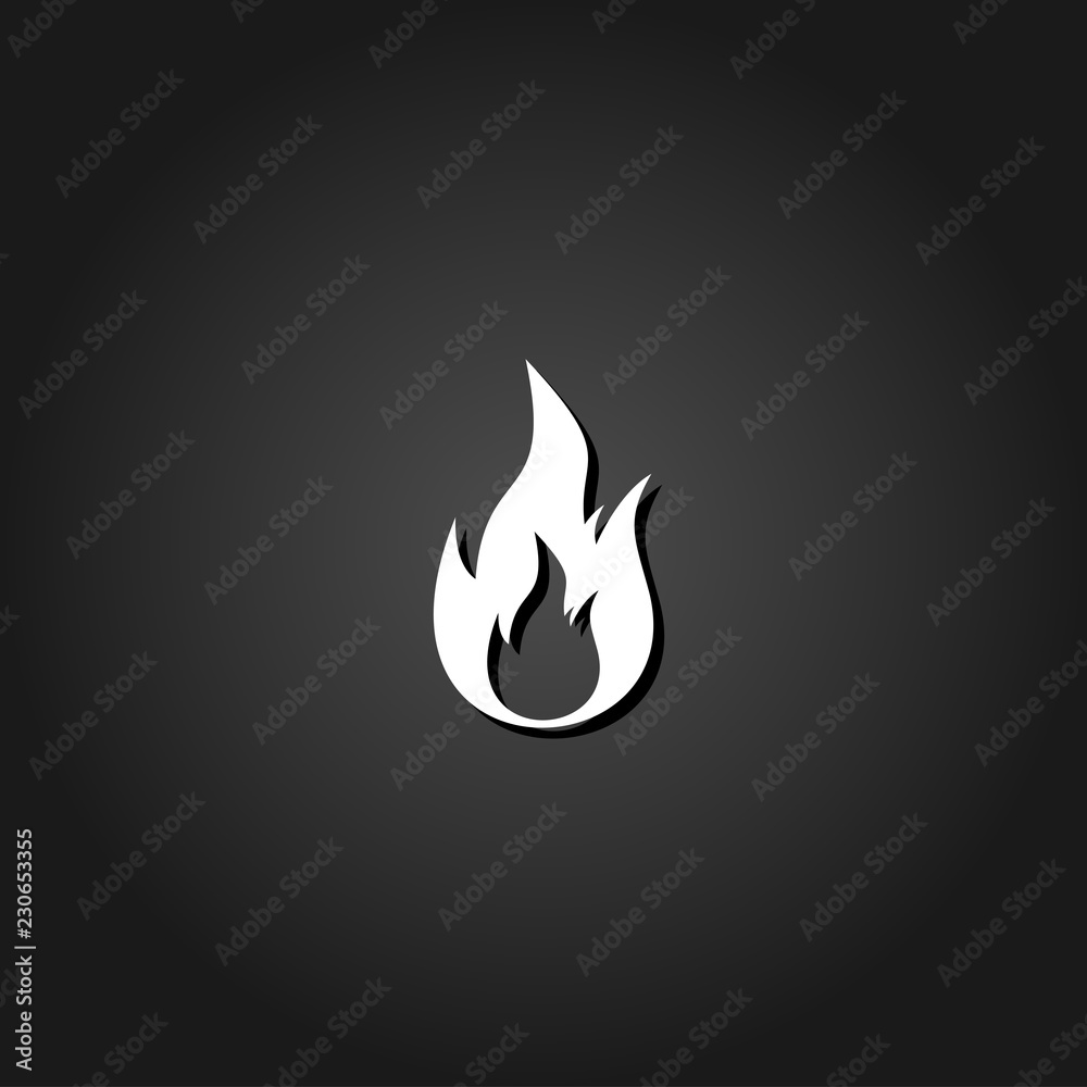 Flame gas fire icon flat. Simple White pictogram on black background with shadow. Vector illustration symbol