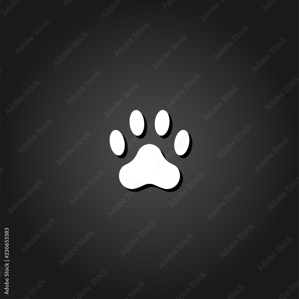 Paw icon flat. Simple White pictogram on black background with shadow. Vector illustration symbol