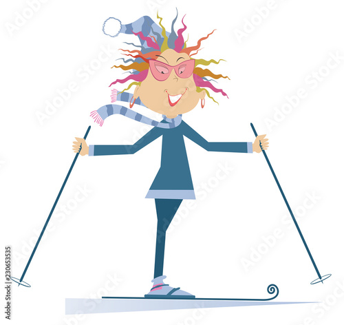 Skier woman isolated illustration. Cartoon smiling skier woman isolated on white illustration
