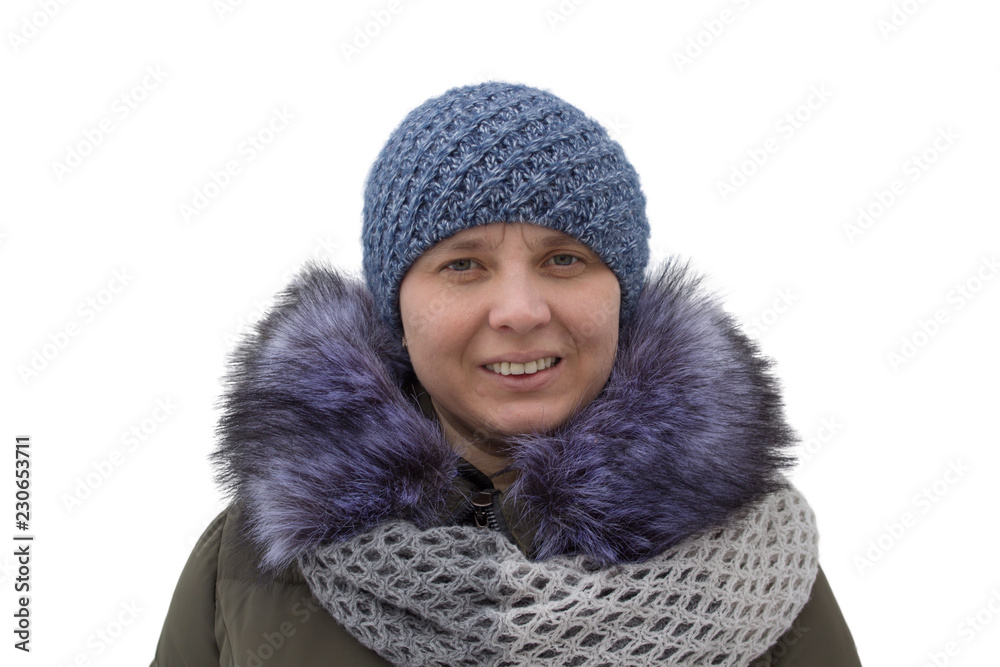 a woman in a winter jacket is isolated,smiling woman in a jacket with a fluffy collar on a white background a woman in a winter jacket is isolated,smiling woman in a jacket with a fluffy collar on a white background
