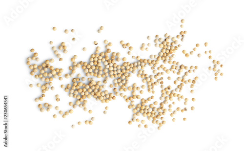 Pepper grains on white background, top view. Natural spice