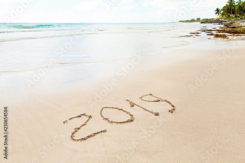 New Year 2019 written in sand write on tropical beach