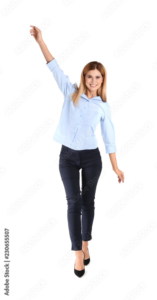 Full length portrait of businesswoman balancing on white background Full length portrait of businesswoman balancing on white background