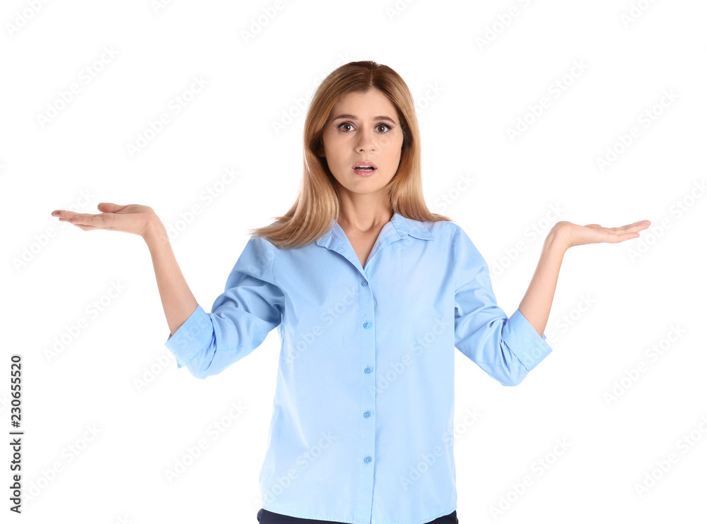 Portrait of businesswoman showing balance gesture on white background Portrait of businesswoman showing balance gesture on white background