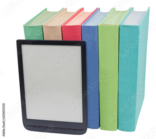 Electronic book reader and book on white