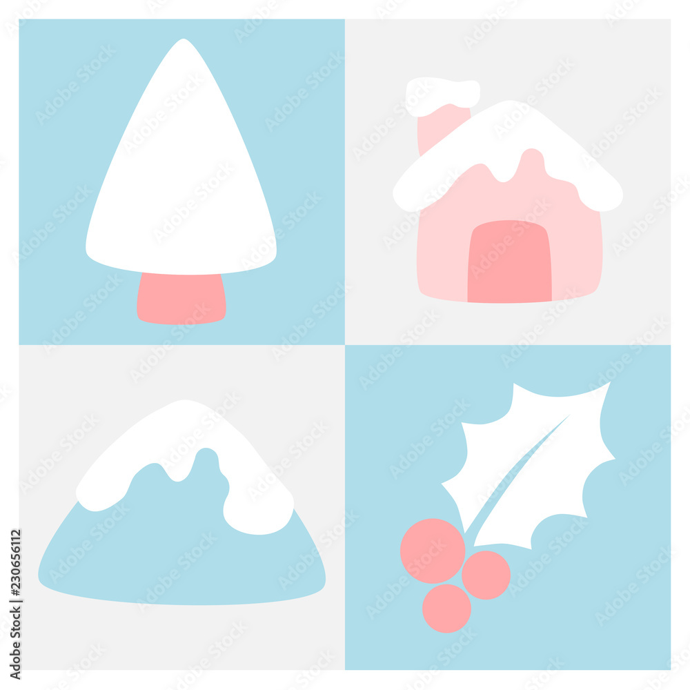 Winter flat icon set in square frame with tree, mountain, house and holly