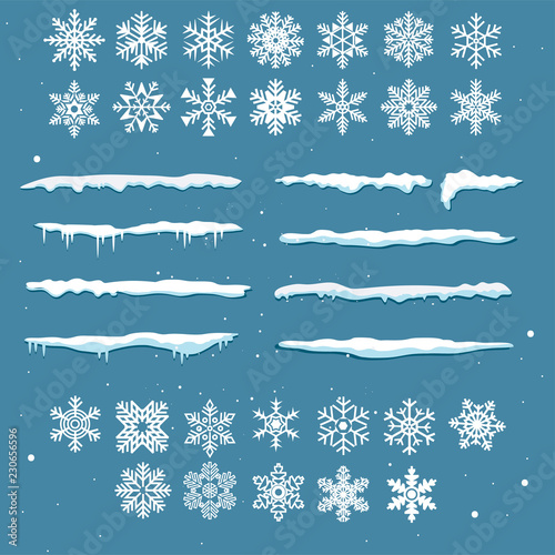 set of vector snowflakes and snowdrifts
