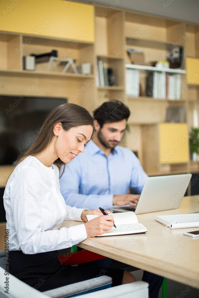 Two business people discussing new project in modern office Two business people discussing new project in modern office