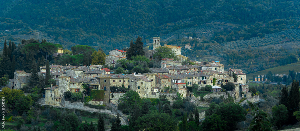 Borgo di Montefioralle, Greve in Chianti, Firenze, Toscana, Italia, in una giornata nuvolosa, borgo medievale 