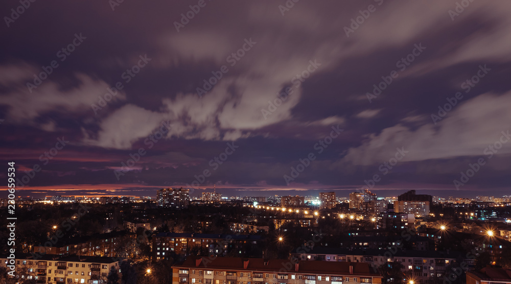 Krasnodar, Russia - 25 October, 2018: Krasnodar city at night. Dramatic sunset