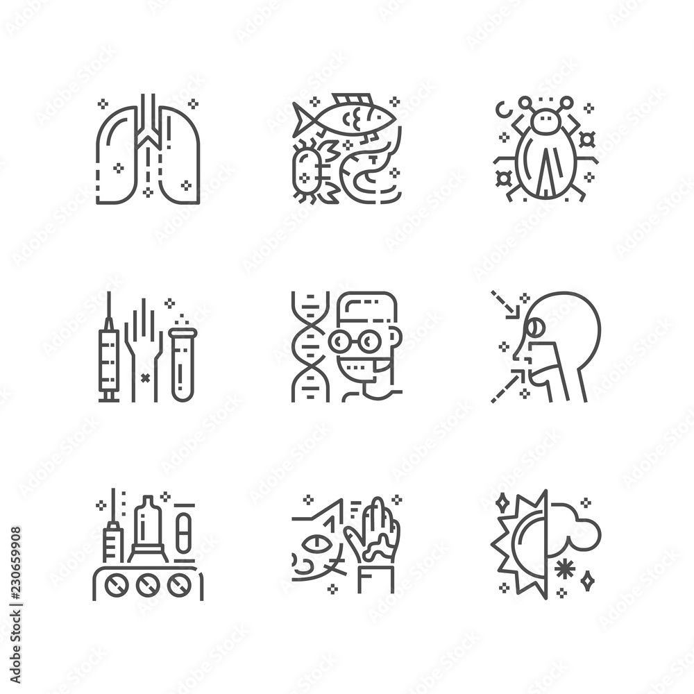 Simple set of allergy icons. Premium medicine symbol collection. Vector illustration. Line allergic pictogram pack. Simple set of allergy icons. Premium medicine symbol collection. Vector illustration. Line allergic pictogram pack.
