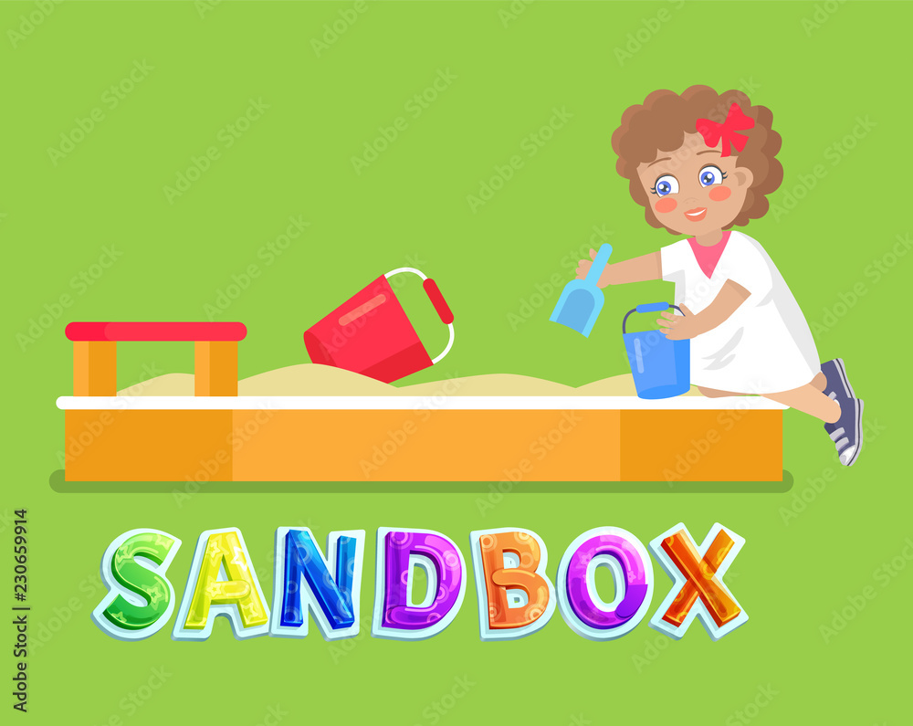 Girl playing in sandbox with toys vector icon