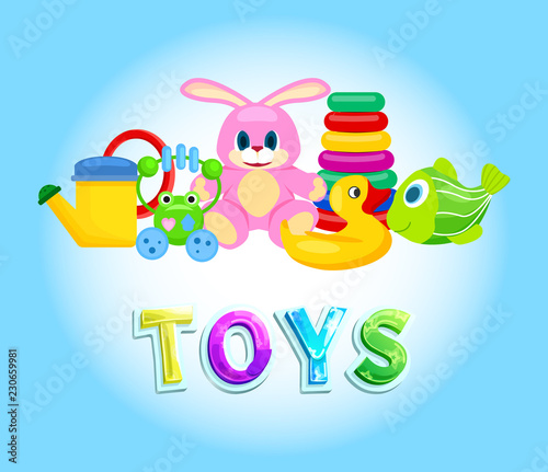 Toys Collection Isolated on Blue Vector Poster
