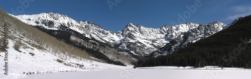 This is a panoramic stitch of the beautiful snow covered Rocky Mountain peaks near Vail Colorado