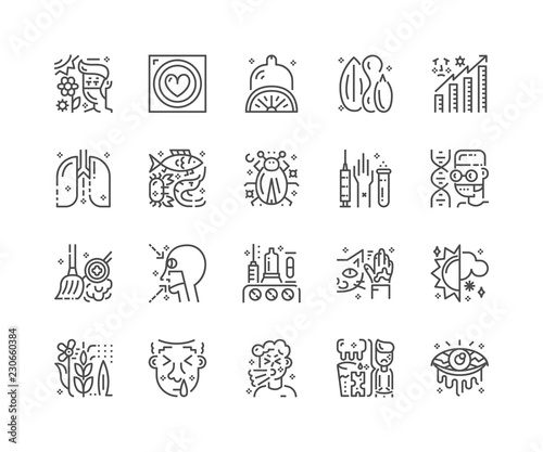 Simple set of allergy icons. Premium medicine symbol collection. Vector illustration. Line allergic pictogram pack.