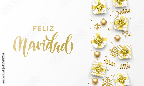 Feliz Navidad Merry Christmas Spanish golden greeting card of gold gifts, stars confetti and snowflakes. Vector premium Christmas design template, calligraphy lettering text on golden background