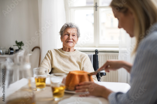 A senior woman in wheelchair with a health visitor sitting at the table at home.