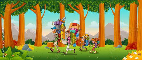 Cartoon family with big backpacks on green park. People hiking on nature background.