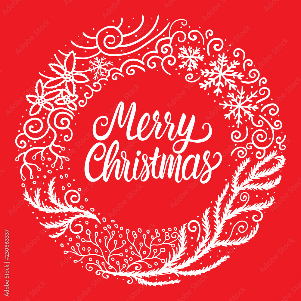 Merry Christmas white hand drawn lettering text inscription. Vector illustration round ornament frame isolated on red background.