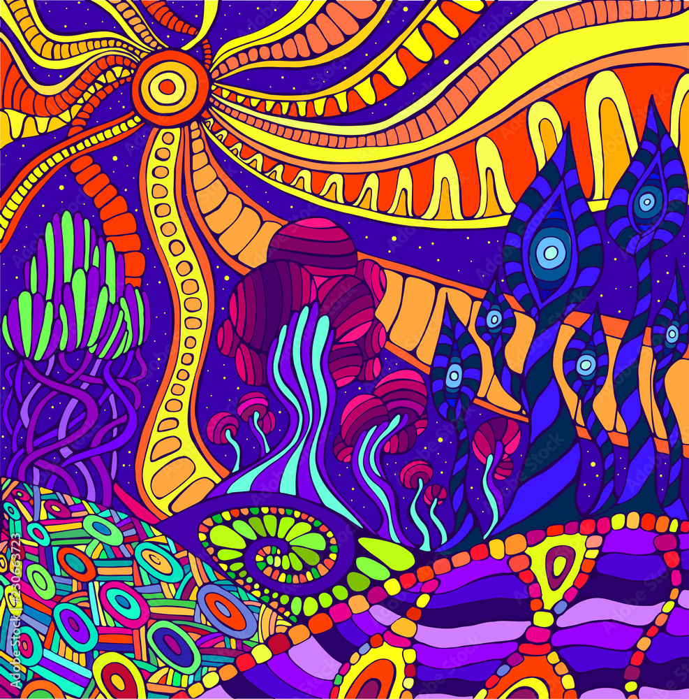Colorful doodle surreal landscape. Fantastic psychedelic graphic artwork.