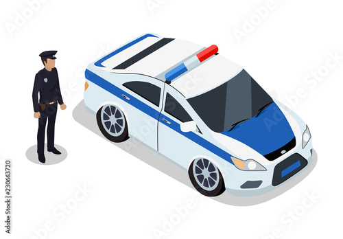 Policeman on Duty and Car Icons Vector Illustration